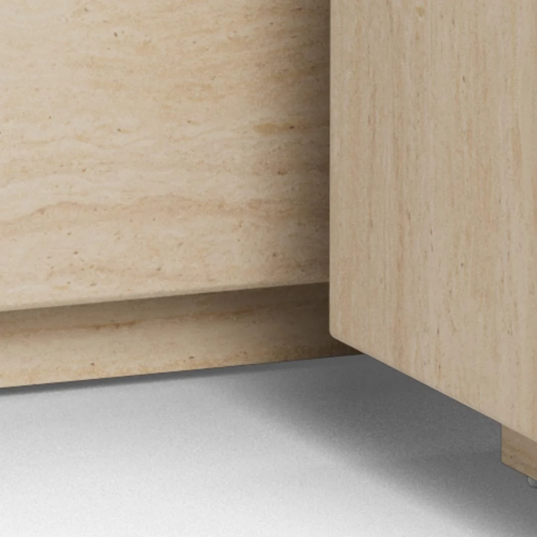 Close-up van de onderste hoek van twee beige Salontafel Beige, Roest Rechthoek panelen van kunststof, die een schaduw werpen op een lichtgrijze vloer.