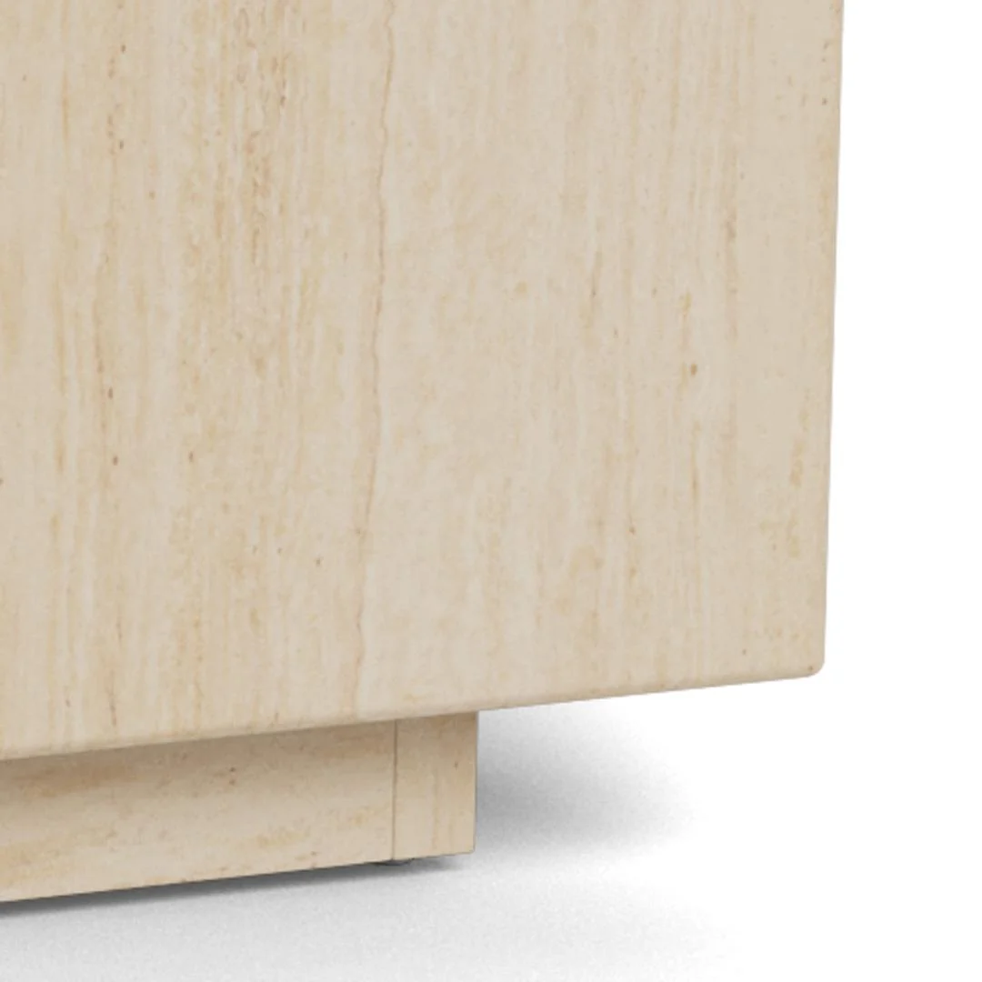 Close-up van de hoek van de Salontafel Beige, Roest Rechthoek, een rechthoekige beige kunststof tafel met een glad oppervlak en subtiele adering, getoond op het bijpassende rechthoekige onderstel.