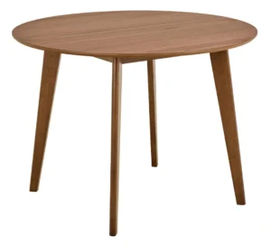 De Eettafel Nieuwe Sfeer 105 CM Rond Mdf is een ronde, massief houten eettafel met een glad oppervlak en vier schuine poten, met een eenvoudig en modern ontwerp.