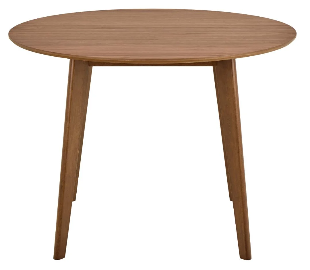 De Eettafel Nieuwe Sfeer 105 CM Rond Mdf Massief is een ronde houten tafel met een glad, vlak oppervlak en drie schuine poten. Het minimalistische, eenvoudige ontwerp wordt benadrukt tegen een witte achtergrond.