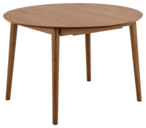 De Eettafel Nieuwe Sfeer 115 CM Rond is een ronde, uitschuifbare notenhout eettafel met vier licht gebogen poten en een gladde natuurlijke afwerking, tegen een witte achtergrond.