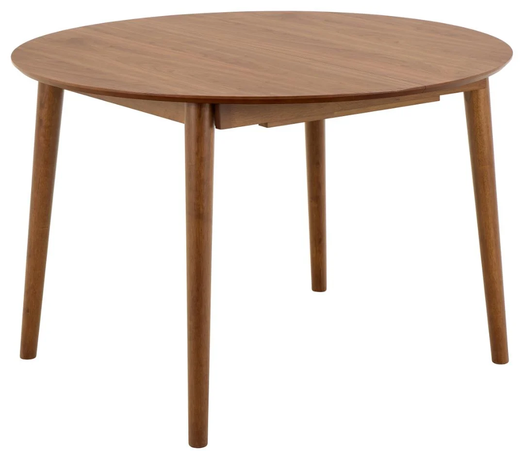 De Eettafel Nieuwe Sfeer 115 CM Rond is een ronde, uitschuifbare notenhout eettafel met vier licht gebogen poten en een gladde natuurlijke afwerking, tegen een witte achtergrond.