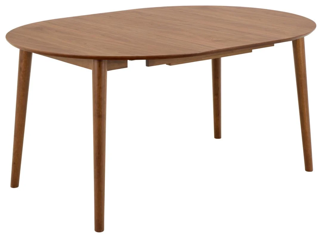 De Eettafel Nieuwe Sfeer 115 CM Rond is een ronde, uitschuifbare eettafel gemaakt van walnoothout, met een glad oppervlak en vier schuine poten, tegen een witte achtergrond.