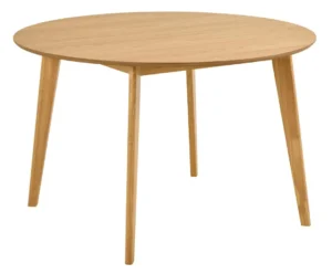 De Eettafel Nieuwe Sfeer 120 CM Rond is een ronde tafel van eikenhout met vier schuine poten tegen een effen witte achtergrond.