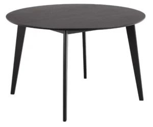 De Eettafel Nieuwe Sfeer 120 CM Rond MDF Mat heeft een zwart, rond houten blad en drie schuine poten op een zwart onderstel. Het gladde oppervlak en minimalistische moderne ontwerp worden weergegeven tegen een witte achtergrond.