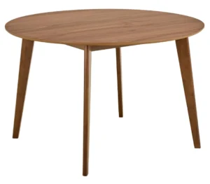 De Eettafel Nieuwe Sfeer 120 CM Rond is een ronde eettafel gemaakt van notenhout met een glad oppervlak en vier taps toelopende poten in een medium bruine afwerking, met een eenvoudig, modern ontwerp.