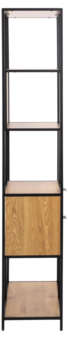 Rechte foto van een zwarte metalen boekenkast met wild eiken details en twee lades. Neutrale achtergrond, heldere belichting.