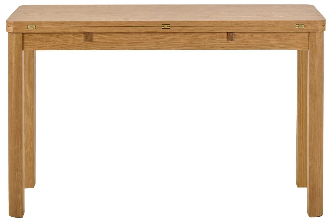 De Eettafel Nieuwe Sfeer is een ronde eiken eettafel (90 x 76 cm), met elegante rechte poten en zichtbare scharnieren aan de voorkant, afgebeeld tegen een witte achtergrond.