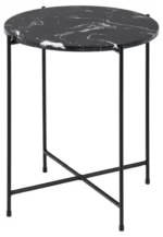 De Bijzettafel Zwart 42 CM Rond Kunststof is een ronde bijzettafel met een zwart marmeren blad, slanke zwarte metalen poten, minimalistische stijl en een X-vormige voetsteun.