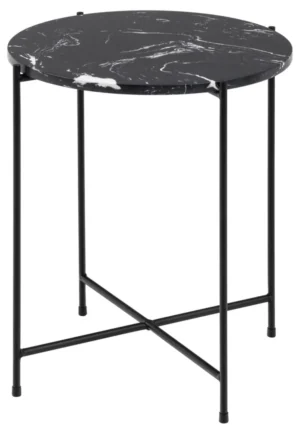 De Bijzettafel Zwart 42 CM Rond Kunststof is een ronde bijzettafel met een zwart marmeren blad, slanke zwarte metalen poten, minimalistische stijl en een X-vormige voetsteun.
