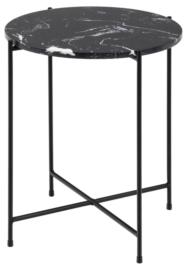 De Bijzettafel Zwart 42 CM Rond Kunststof is een ronde bijzettafel met een zwart marmeren blad, slanke zwarte metalen poten, minimalistische stijl en een X-vormige voetsteun.