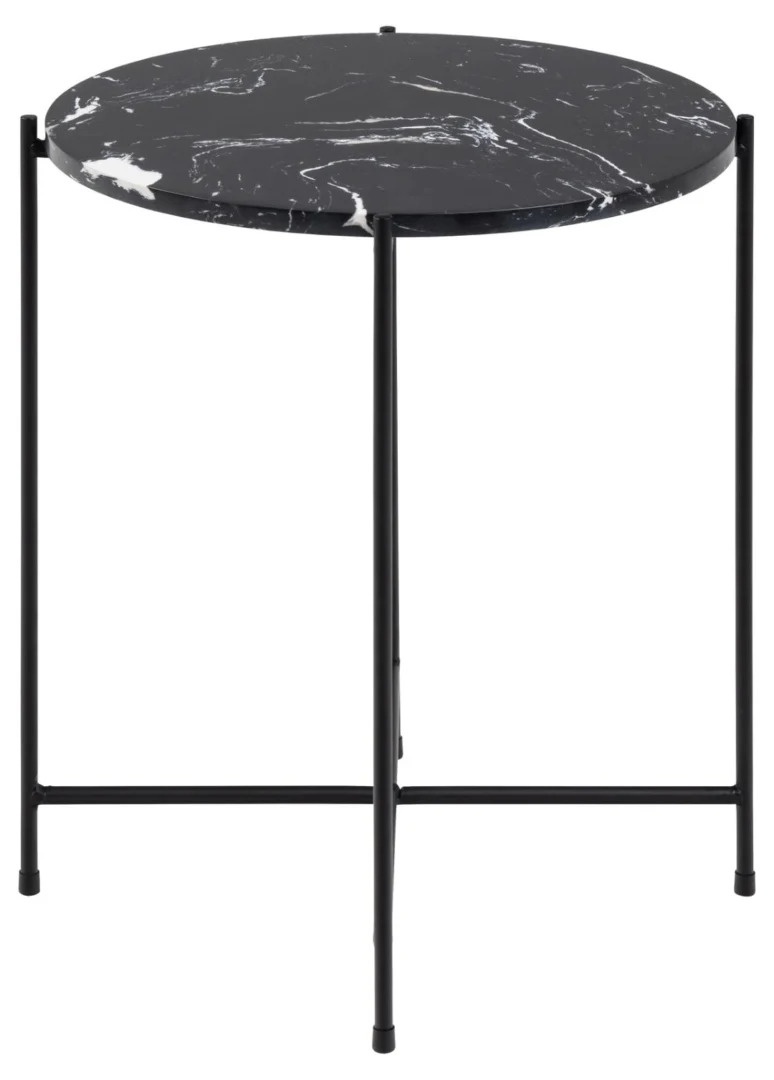 Bijzettafel Zwart 42 CM Rond Kunststof heeft een rond zwart tafelblad met witte adering en wordt ondersteund door een minimalistisch zwart metalen onderstel met drie poten.