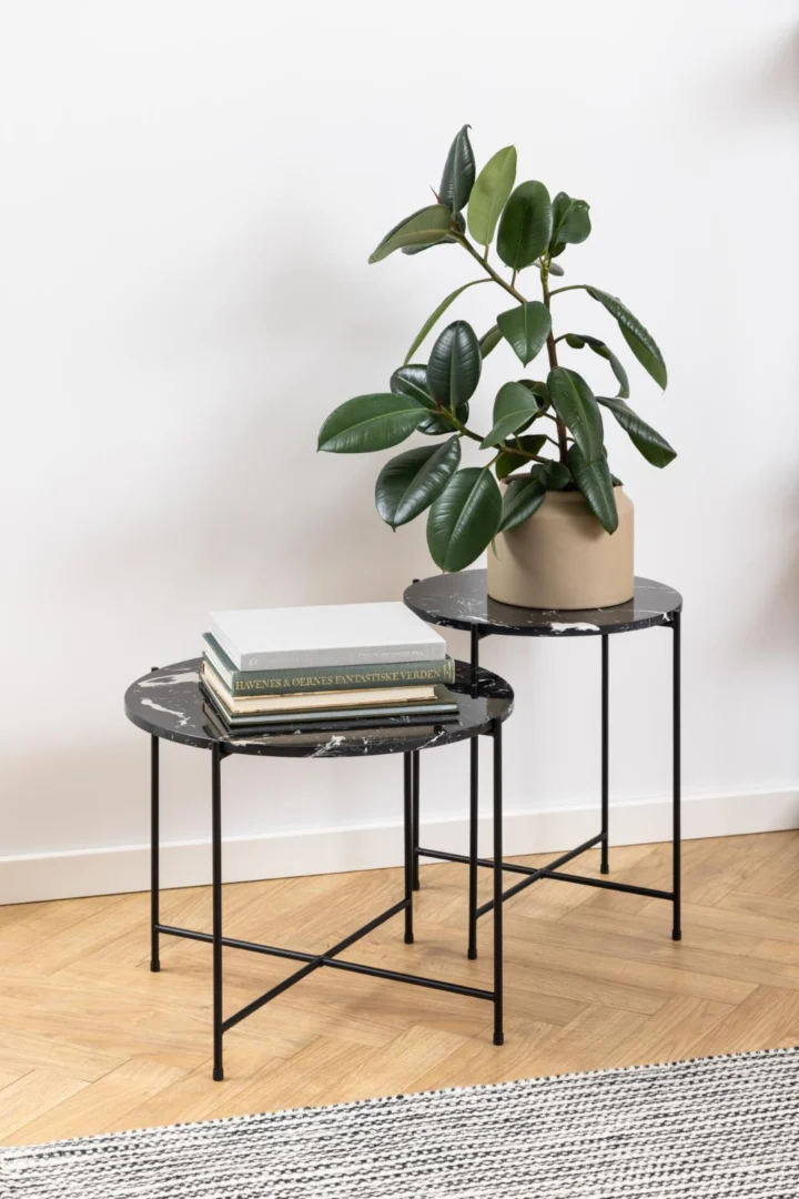 Twee Bijzettafels Zwart 42 CM Rond Kunststof staan op een houten vloer. Op de ene ligt een stapel boeken, op de andere een potplant met grote groene bladeren.
