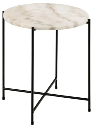 Een compacte Bijzettafel Zwart, Wit 42 CM Rond gemaakt van kunststof, met een rond wit blad en slanke zwarte poten verbonden door een dwarsbalk aan de onderkant.