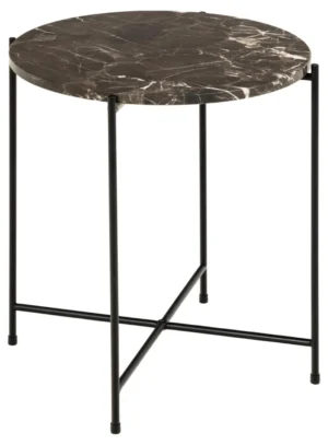 Een compacte ronde bijzettafel, de Bijzettafel Bruin 42 CM Rond Kunststof, heeft een bruin 42 cm tafelblad van kunststof en slanke zwart metalen poten die aan de onderkant met elkaar verbonden zijn door dwarsbalken.