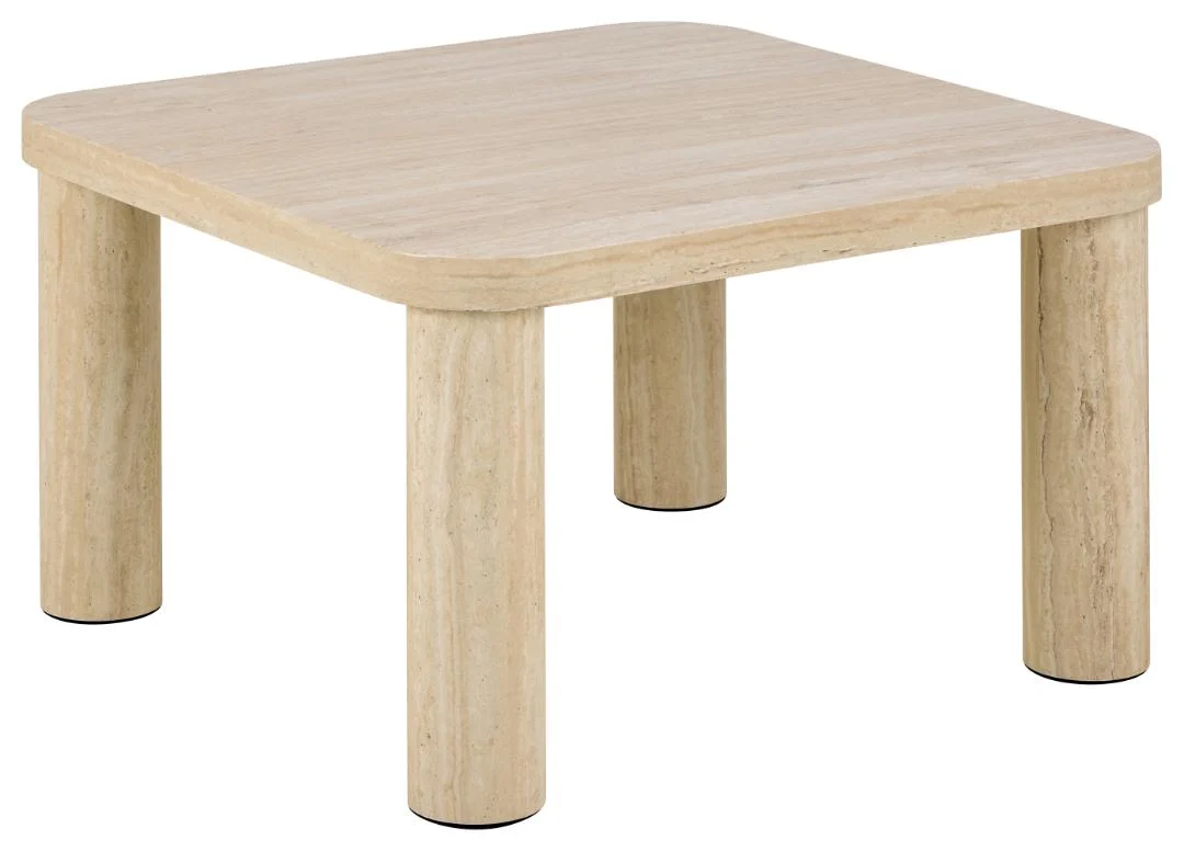 De Salontafel Beige 60 x 60 CM Vierkant is een vierkante, lichtbeige salontafel van kunststof, met afgeronde hoeken en vier cilindervormige poten, tegen een witte achtergrond.