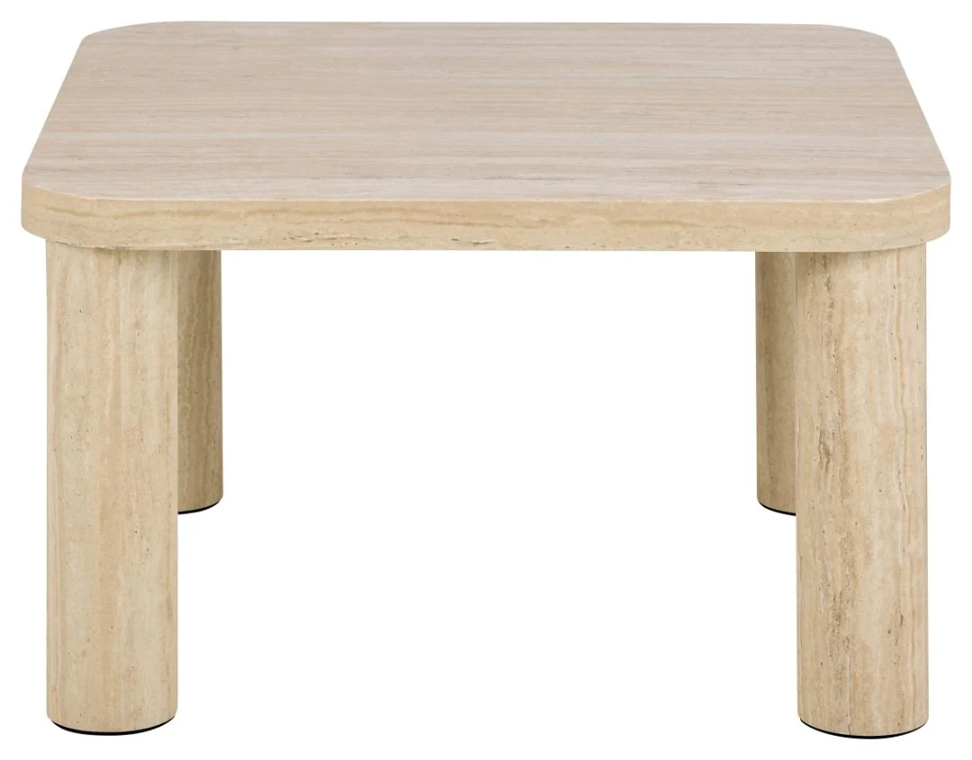 De Salontafel Beige 60 x 60 CM Vierkant is een vierkante salontafel van beige kunststof met afgeronde hoeken, vier stevige cilindrische poten en een glad minimalistisch ontwerp.