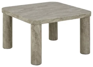 Een vierkante grijze salontafel, "Salontafel Grijs 60 x 60 CM Vierkant", gemaakt van kunststof met afgeronde hoeken en vier dikke cilindervormige poten.