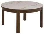 De Salontafel Beige 90 CM Rond Eikenfineer is een ronde salontafel met een eikenfineer afwerking en vier rechte, donkerhouten poten.
