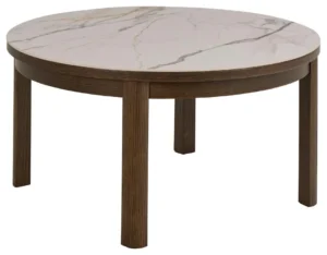 De Salontafel Beige 90 CM Rond Eikenfineer is een ronde salontafel met een eikenfineer afwerking en vier rechte, donkerhouten poten.