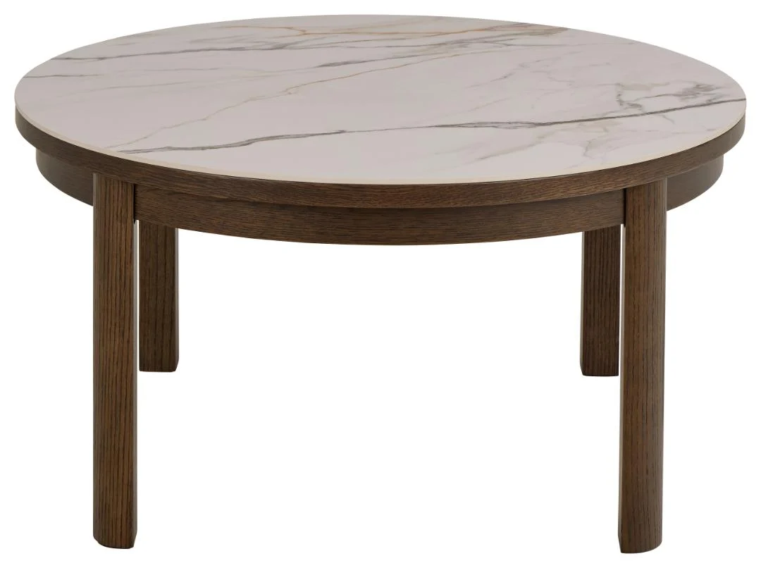 De Salontafel Beige 90 CM Rond Eikenfineer is een ronde salontafel met een blad van beige eikenfineer en stevige, rechte poten voor een moderne look.