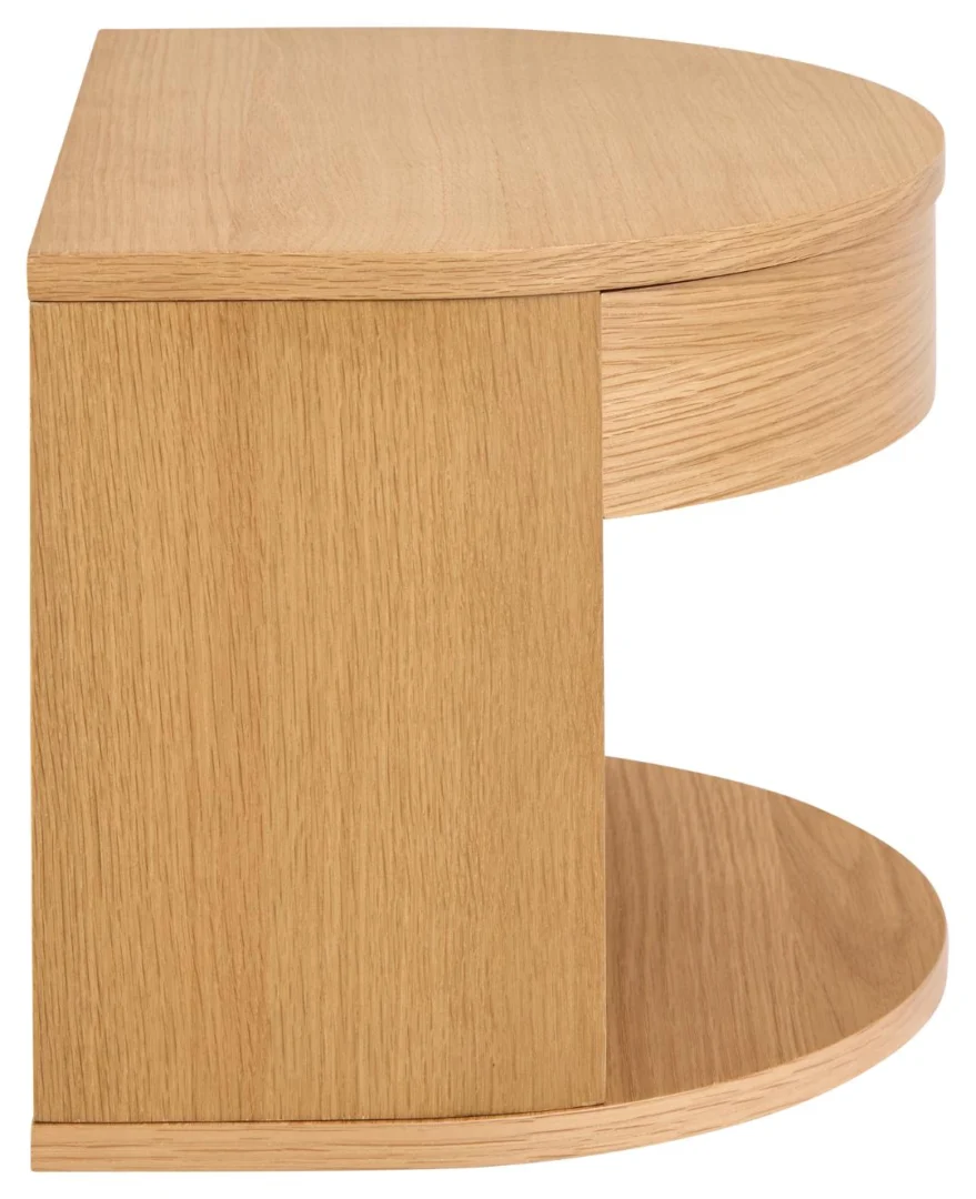 Het Nachtkastje Eikenhout 40 x 30 x 31 CM is een halfronde eiken wandplank met een verticaal achterpaneel, van opzij gezien. De natuurlijke houtnerf en gladde afwerking zijn duidelijk zichtbaar.