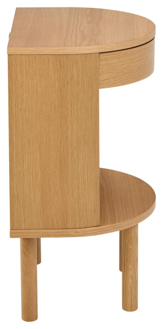 Het Nachtkastje Eikenhout Slaapkamer is een compacte, lichtgewicht eikenhouten hoektafel met drie poten, een afgeronde voorkant, een bovenste lade en een open onderste plank - perfect ontworpen om in elke hoek van je slaapkamer te passen.