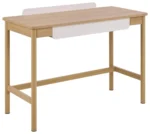 Compact bureau 110x50 cm. Eiken melamine blad, stalen frame, beige poten en witte lade.