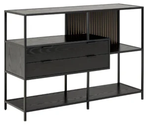 De Seaford boekenkast is een moderne console van zwart metaal en hout met open planken, een centrale lade en een verticaal accent in de rug met latten. De strakke lijnen en minimalistische, eigentijdse stijl zijn kenmerkend voor deze console.