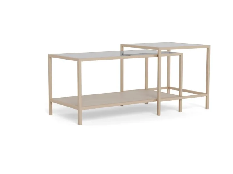 De Salontafel Grijs 45 x 45 CM Rechthoek is een moderne, minimalistische bijzettafel van kunststof met een asymmetrisch ontwerp en overlappende rechthoekige bladen.