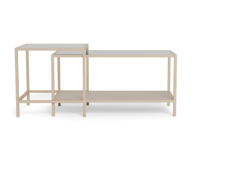 Twee minimalistische Salontafel Grijs 45 x 45 CM Rechthoektafels van kunststof, met rechthoekige frames en open zijkanten, staan bij elkaar op een witte achtergrond.