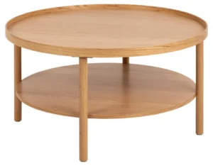 De Salontafel Roest 80 CM Rond Eikenfineer is een ronde salontafel met een afwerking van licht eikenfineer, vier poten en een onderste ronde plank. Het eenvoudige, moderne ontwerp maakt het een stijlvolle toevoeging aan elke woonkamer.