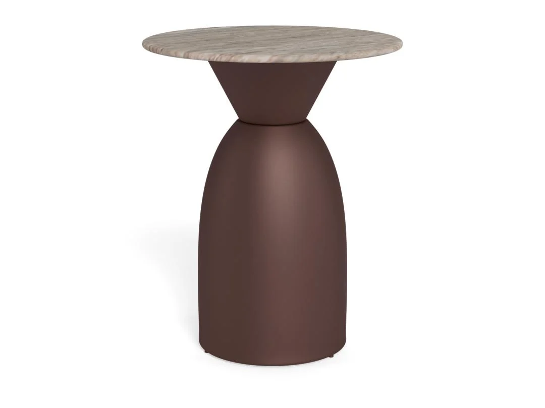 Een moderne bijzettafel, Salontafel Grijs, Brons 40 CM Rond, heeft een rond blad en een zandlopervormig mat donkerbronzen onderstel, gemaakt van kunststof.