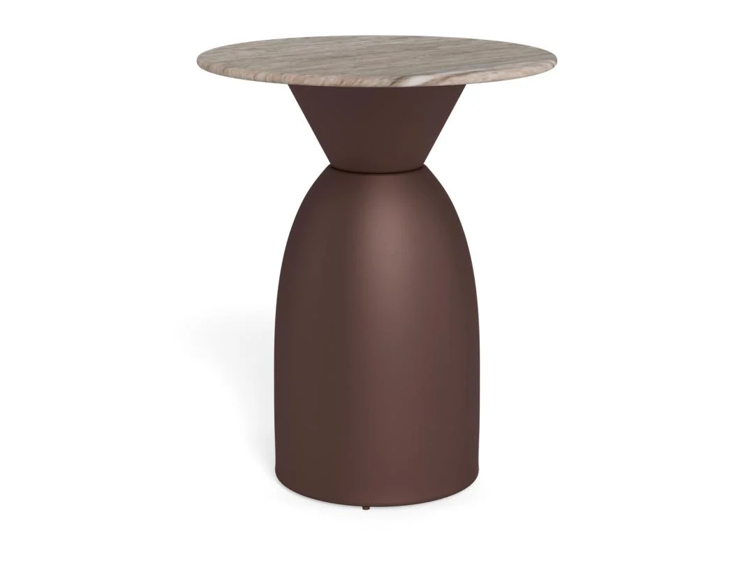 De Salontafel Grijs, Brons 40 CM Rond is een moderne bijzettafel met een rond, lichtgrijs blad van kunststof en een contrasterend bronzen, zandlopervormig onderstel in een minimalistisch, eigentijds ontwerp.