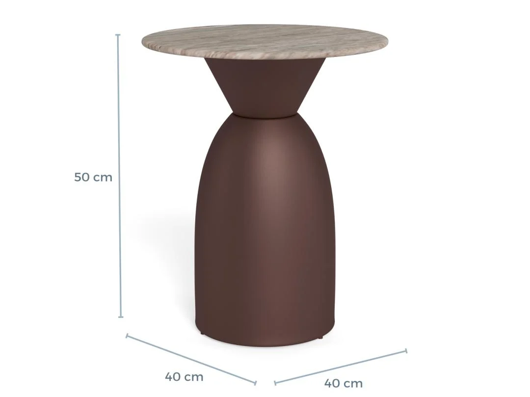 De Salontafel Grijs, Brons 40 CM Rond is een ronde bijzettafel van kunststof, met een bronskleurig, vaasvormig onderstel en licht houten blad. De tafel is 50 cm hoog en heeft een diameter van 40 cm; maatlijnen geven de maat aan.