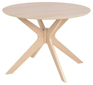 De Eettafel Nieuwe Sfeer 105 CM Rond MDF Wit is een ronde tafel met een strakke witte afwerking en een kruisend onderstel met vier poten, met een modern, minimalistisch ontwerp.