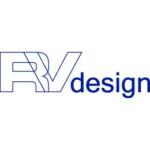 Logo met omlijnde letters RV overlappend aan de linkerkant, en "Salontafel Mangohout Modern Tijdloos" in stevige blauwe kleine letters aan de rechterkant. De stijl is eenvoudig en modern.