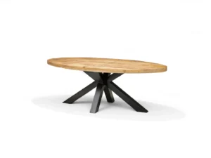 De Eettafel STENVAD Mango - 220x100 Ovaal is een houten ovale tafel met een dik naturel mangohouten blad en een modern zwart metalen onderstel met schuine poten, afgebeeld op een witte achtergrond.