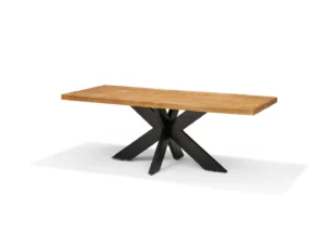 De Eettafel STELLAR Mango - 220x100 is een rechthoekige houten tafel met een dik, lichtbruin blad en een modern zwart metalen onderstel met meerdere schuine poten die in het midden samenkomen.