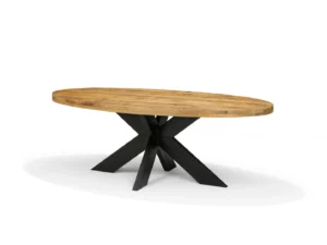 De Eettafel STELLAR Mango - 200x100 Ovaal is een ovale houten tafel met een lichte natuurlijke afwerking en een dik blad, ondersteund door een modern zwart metalen onderstel met kruisende schuine poten.