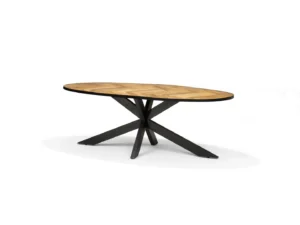 Eettafel AGRA Mango Visgraatpatroon - 200x100 Ovaal met lichtbruin chevron-patroon blad en modern zwart, metalen onderstel met schuine poten, afgebeeld tegen een witte achtergrond.