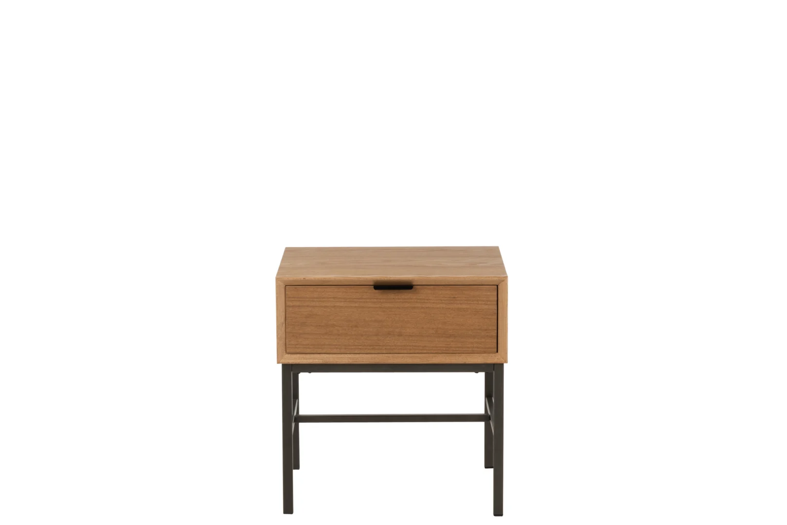 Het Nachtkastje Metaal 30 x 47 CM is een houten nachtkastje met één lade en een zwart metalen frame, van voren gezien tegen een witte achtergrond.