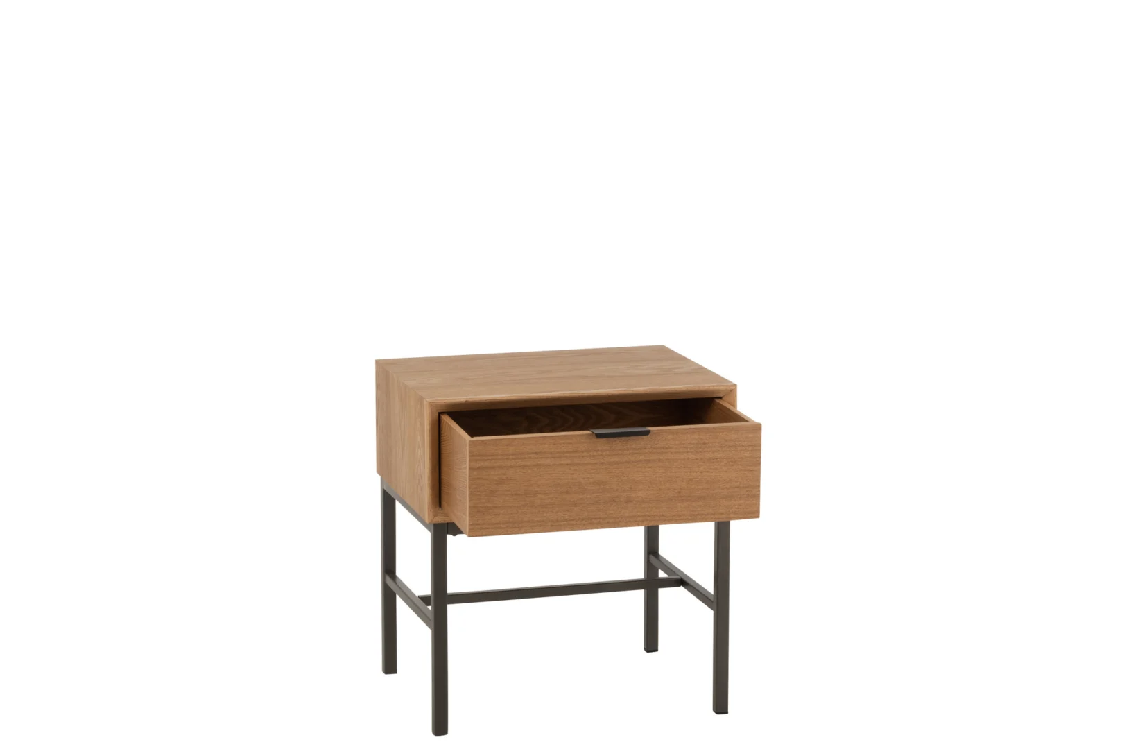 Het Nachtkastje Metaal 30 x 47 CM is een houten nachtkastje met één gedeeltelijk open lade, met een zwart metalen frame en poten, tegen een effen witte achtergrond.