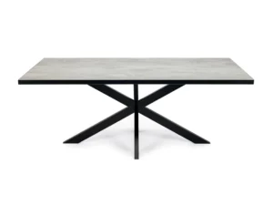 De Stalux Eettafel 'Gijs' (200 x 100cm) heeft een modern rechthoekig ontwerp met een betonnen lichtgrijs tafelblad en kruisende zwarte metalen X-vormige poten, tegen een witte achtergrond.