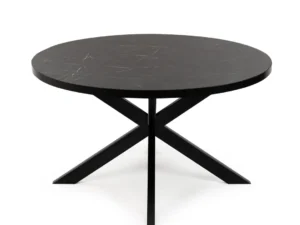 De Stalux Ronde eettafel 'Daan' (120cm) heeft een rond zwart tafelblad met marmerlook afwerking en een modern X-vormig onderstel, tegen een effen witte achtergrond.