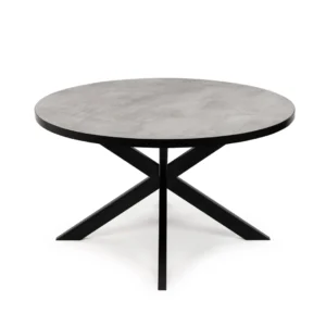 De Stalux Ronde eettafel 'Daan' 120cm heeft een rond, grijs tafelblad met een gladde afwerking en een modern zwart metalen X-vormig onderstel, dat een minimalistische en eigentijdse look biedt in zwart/beton.