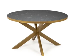 De Stalux Ronde eettafel 'Daan' 120cm heeft een zwart marmer-look rond blad en een goud geometrisch metalen onderstel met vier schuine poten.