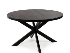 De Stalux Ronde eettafel 'Daan' 135cm heeft een zwart eiken rond blad en moderne kruisende zwart metalen poten in een X-vorm.