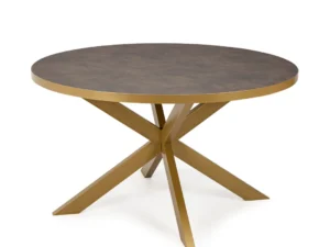 De Stalux Ronde eettafel 'Daan' (135cm) heeft een lederlook bruin rond blad en een goudmetallic onderstel met vier schuine poten die elkaar in het midden kruisen, voor een moderne en stijlvolle look.