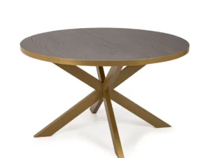 De Stalux Ronde eettafel 'Daan' (135cm) heeft een donkerbruin houten blad en een goudkleurig, hoekig kruisend metalen onderstel, tegen een witte achtergrond.